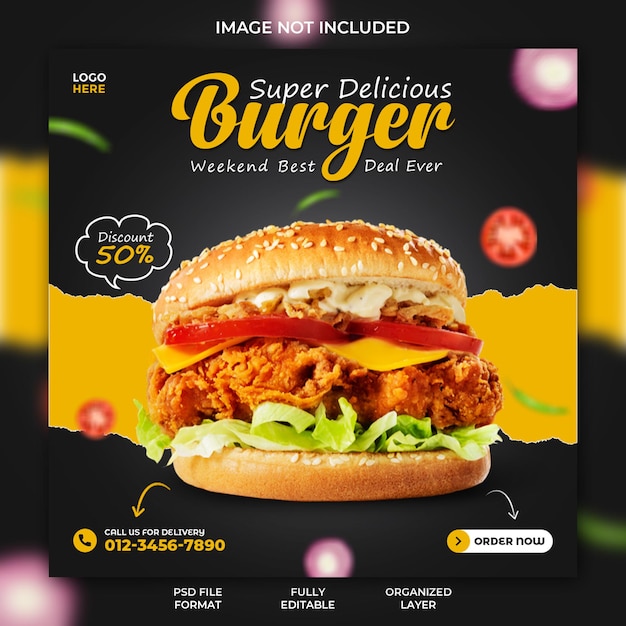 Restaurant Delicious burger promotion and food menu social media instagram post banner design