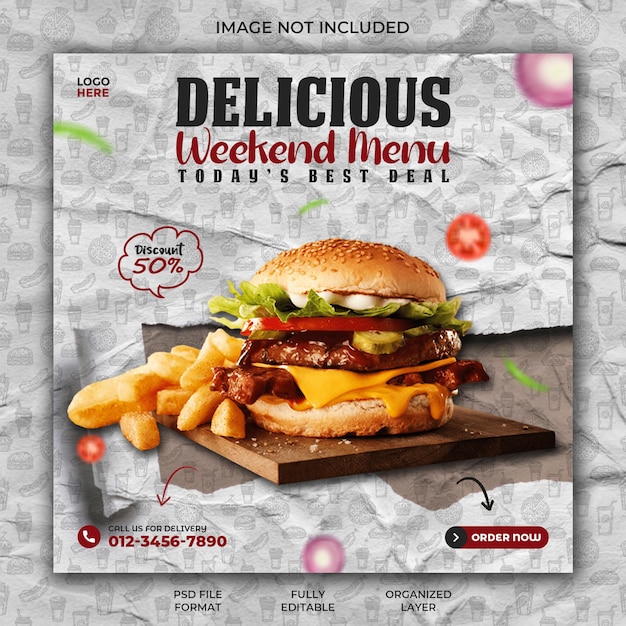 Restaurant Delicious burger promotion and food menu social media instagram post banner design