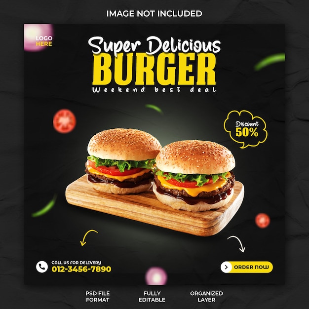 Restaurant Delicious burger promotion and food menu social media instagram post banner design