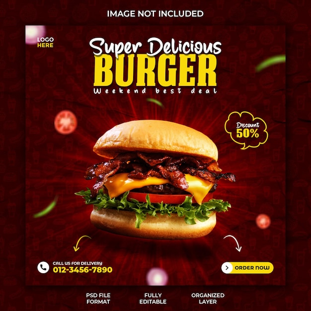 Restaurant Delicious burger promotion and food menu social media instagram post banner design