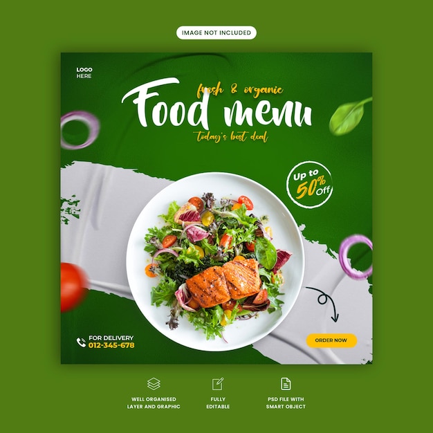 Restaurant food menu social media post. Fresh and organic food menu. Restaurant flyer with green background and white paper scrap. Food promotion banner. Social media food banner. Tomato, onion, basil