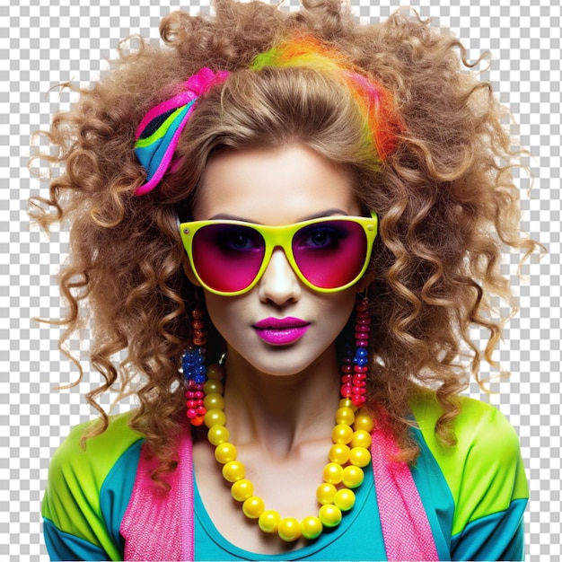 PSD retro 1980s woman with big hair in colorful neon cloth on transparent background