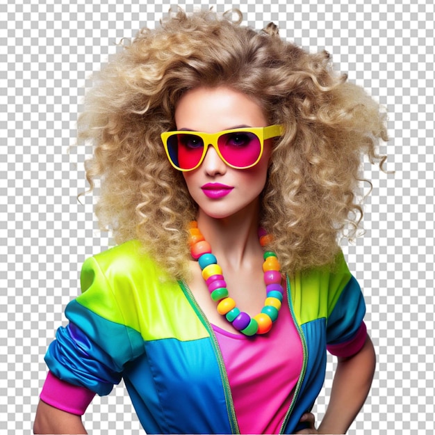 PSD retro 1980s woman with big hair in colorful neon cloth on transparent background