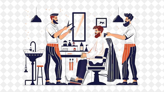 PSD retro barber with characters cutting hair and shaving beards png people in daily work illustration