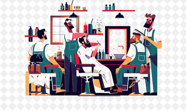 Retro Barber With Characters Cutting Hair and Shaving Beards PNG People in Daily Work Illustration