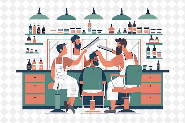 Retro Barber With Characters Cutting Hair and Shaving Beards PNG People in Daily Work Illustration