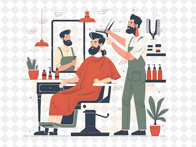 Retro Barber With Characters Cutting Hair and Shaving Beards PNG People in Daily Work Illustration