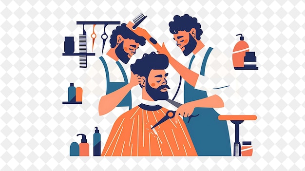 PSD retro barber with characters cutting hair and shaving beards png people in daily work illustration