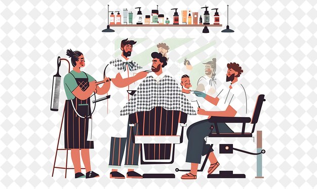 Retro Barber With Characters Cutting and Styling Hair Design PNG People in Daily Work Illustration