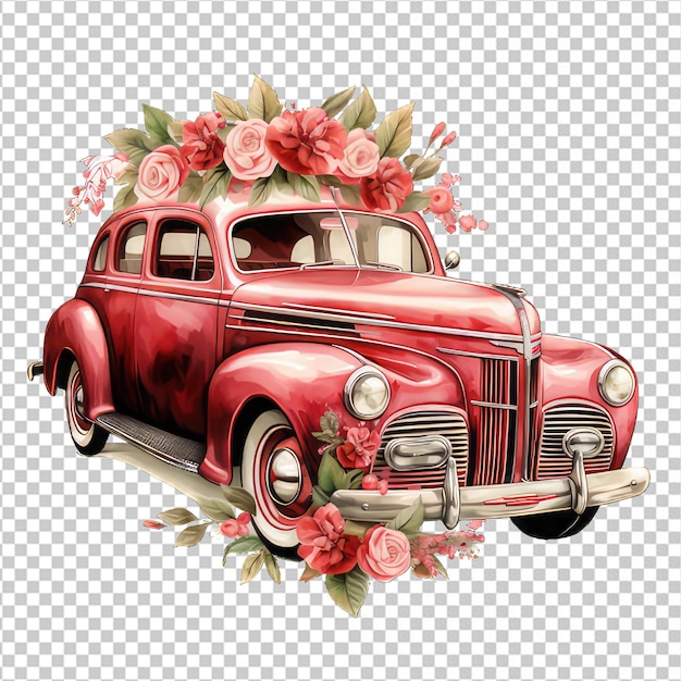 Retro car toy with red roses flowers with transparent background