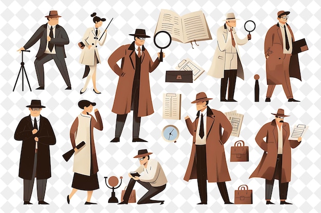 PSD retro detective with characters investigating clues and inte png people in daily work illustration