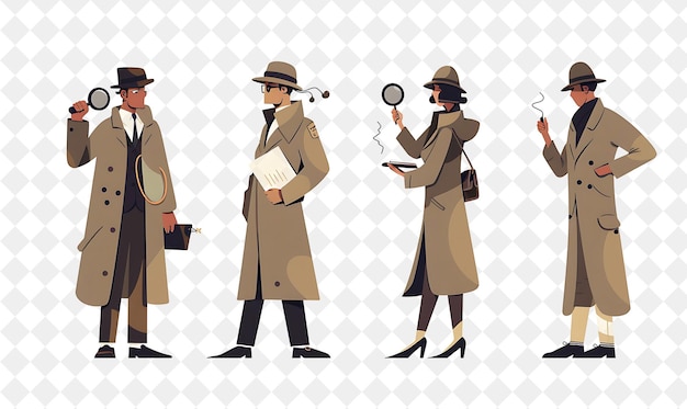 PSD retro detective with characters investigating clues and inte png people in daily work illustration