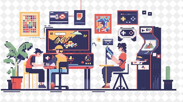 PSD retro game designer with characters designing pixel art and png people in daily work illustration