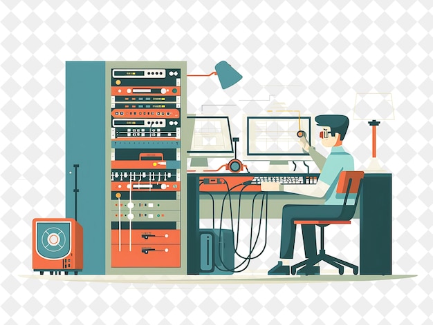 PSD retro network administrator with characters managing and mai png people in daily work illustration