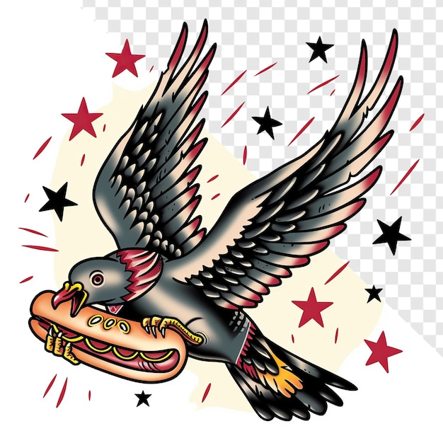 Retro Pigeon with Hot Dog Old School Tattoo Stylepsd