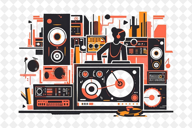 Retro Radio Dj With Characters Playing and Producing Music D PNG People in Daily Work Illustration