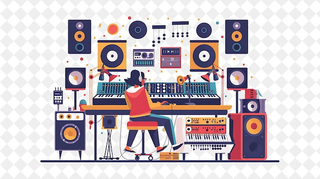 PSD retro record producer with characters recording and producin png people in daily work illustration