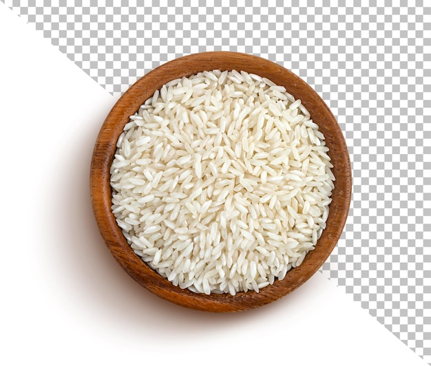 Rice groats in wooden bowl isolated on white background top view