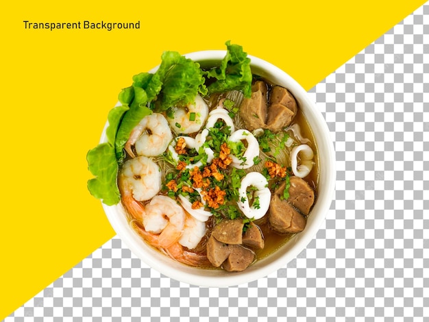 Rice Noodle Soup with seafood and beef balls on transparent background