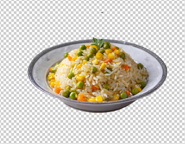 Rice with vegetables in a plate isolated on a transparent background