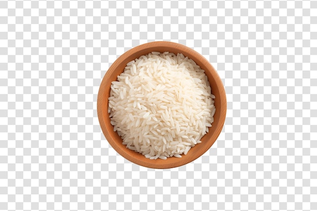 Rice in wooden bowl isolated on white background