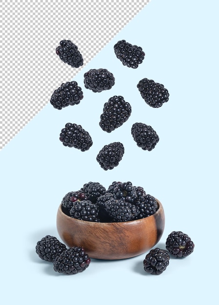 Ripe blackberries falling into a wooden bowl, mockup