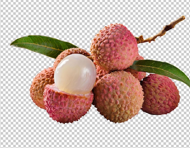 Ripe lychee fruit with leaves isolated on transparent background