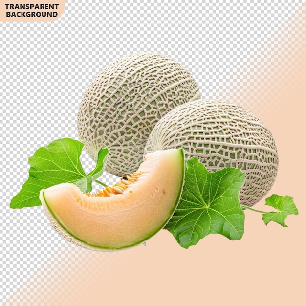 Ripe melon with leaves isolated on transparent background