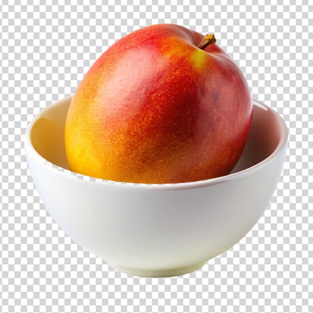 A ripe peach in a white bowl on transparent background