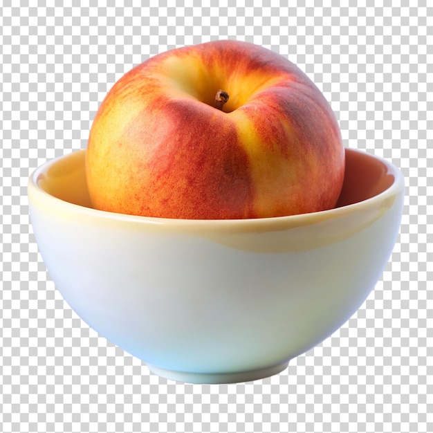 A ripe peach in a white bowl on transparent background