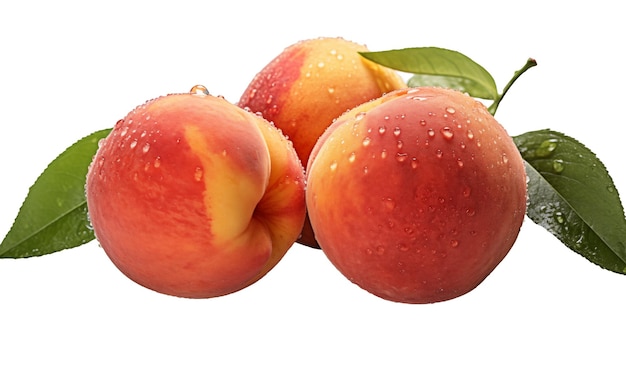 Ripe peaches with water drops isolated on transparent background