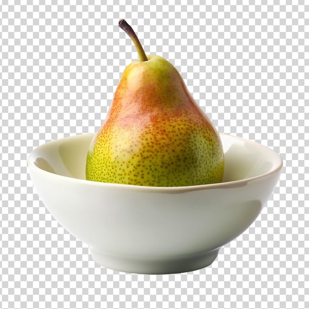 A ripe pear in a white bowl on transparent background