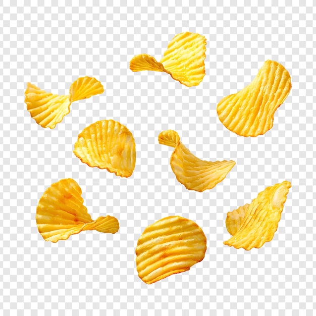 Rippled potato chips flying isolated on transparent background