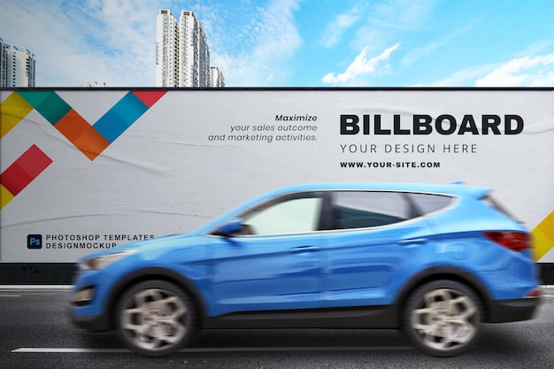 Road Street Billboard Mockup with Blue Car