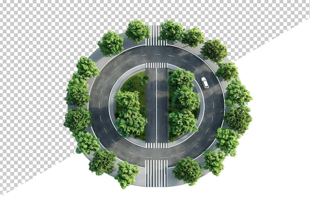 a road with a circle and trees on it