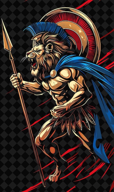 Roaring Lion Spartan Portrait Holding a Spear and Shield in Illustration Animal Warrior Character