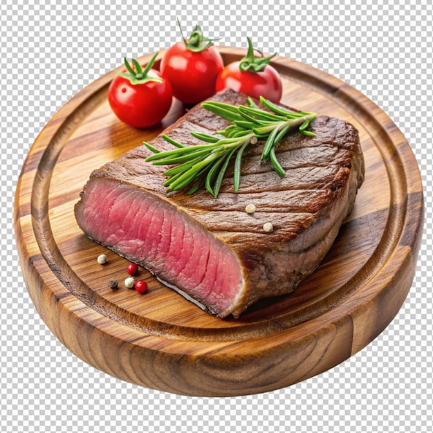 PSD roast beef steak on a wooden plate isolated on transparent background