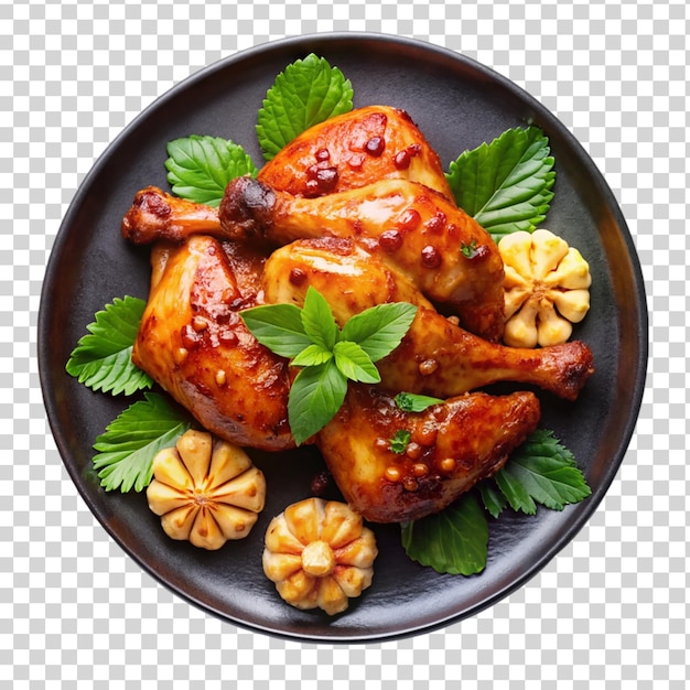 PSD roasted chicken on black plate top view on transparent background