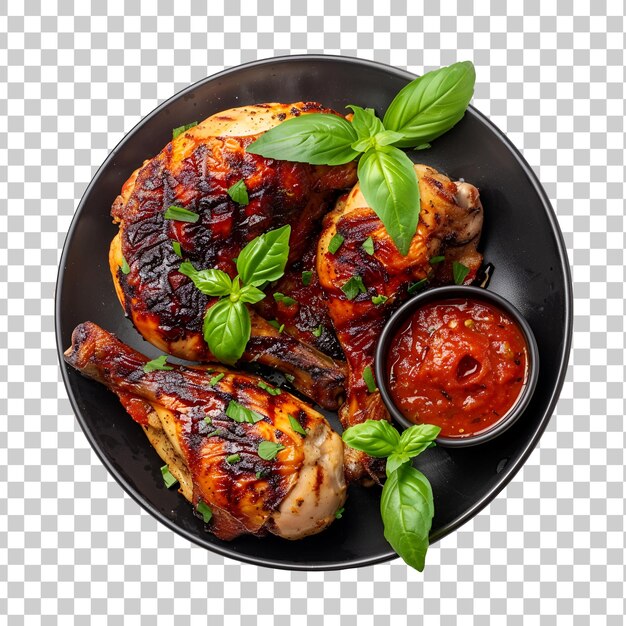 PSD roasted chicken on black plate top view on transparent background