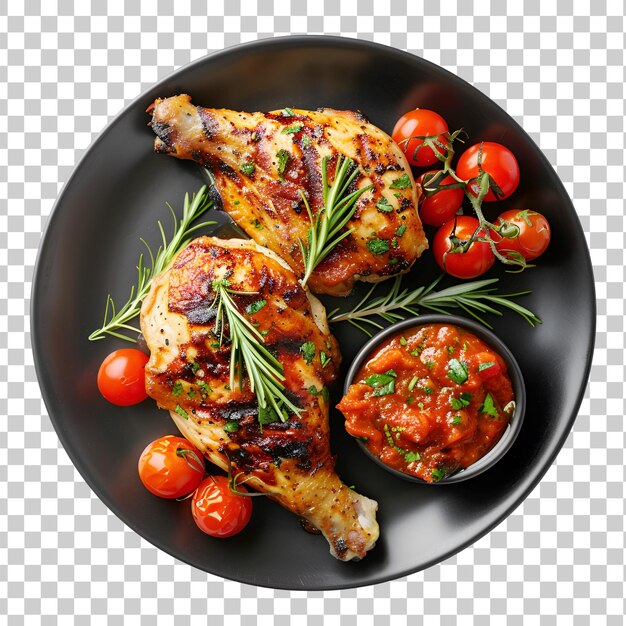 PSD roasted chicken grill on black plate top view on transparent background