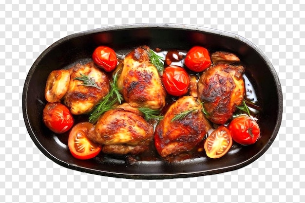 Roasted chicken meat with tomatoes in frying pan isolated on transparent background