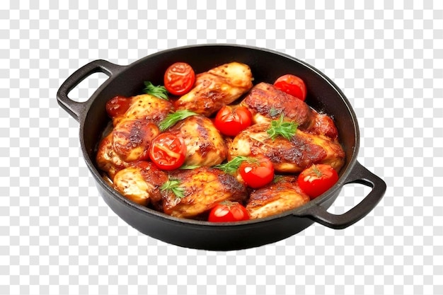 Roasted chicken meat with tomatoes in frying pan isolated on transparent background