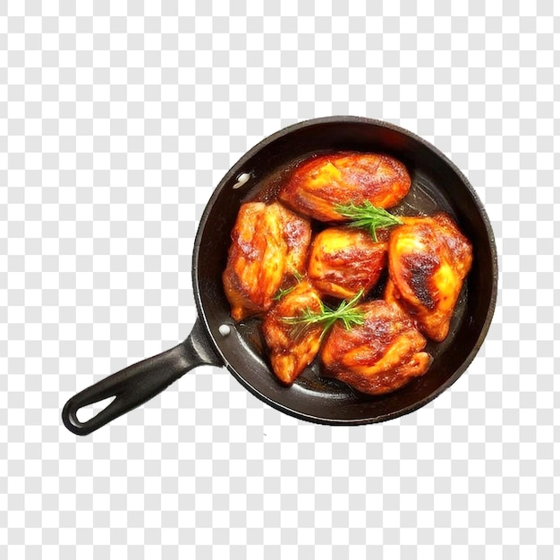 Roasted chicken meat with tomatoes in frying pan isolated on transparent background