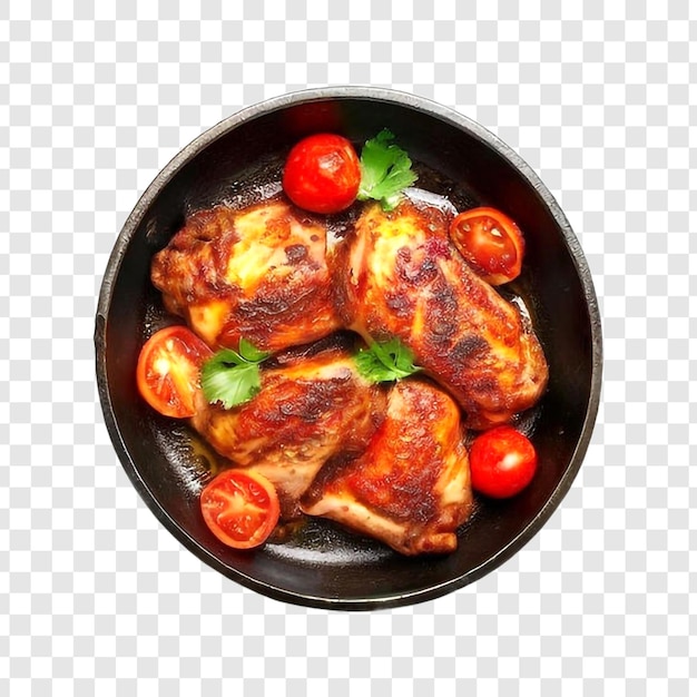 Roasted chicken meat with tomatoes in frying pan isolated on transparent background