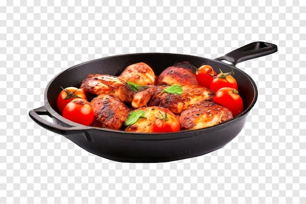 Roasted chicken meat with tomatoes in frying pan isolated on transparent background