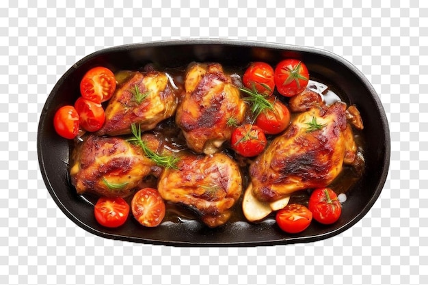 PSD roasted chicken meat with tomatoes in frying pan isolated on transparent background