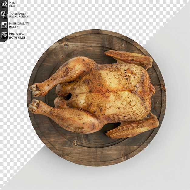 A roasted chicken on a plate or wood on a white background