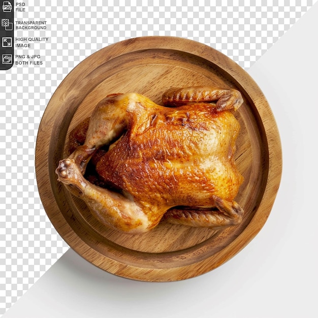 A roasted chicken on a plate or wood on a white background