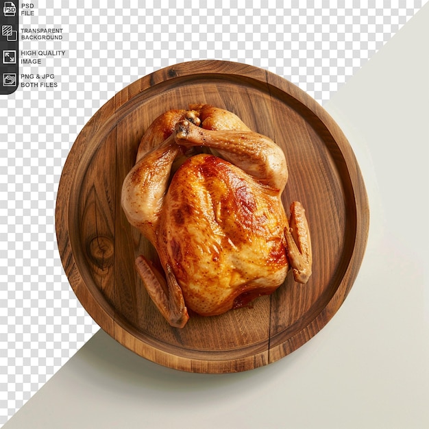 A roasted chicken on a plate or wood on a white background