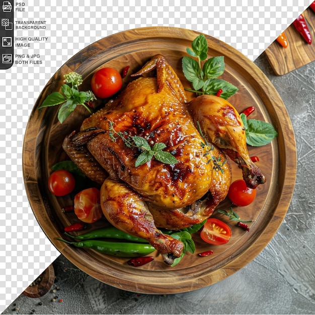 PSD a roasted chicken on a plate or wood on a white background